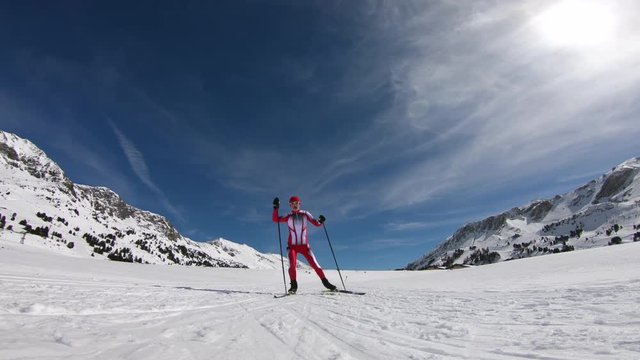 4K video one cross country skier skiing alone 
