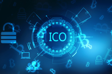 Abstract glowing digital currency button ICO initial coin offering on virtual digital electronic user interface. Investment concept. 3D Rendering