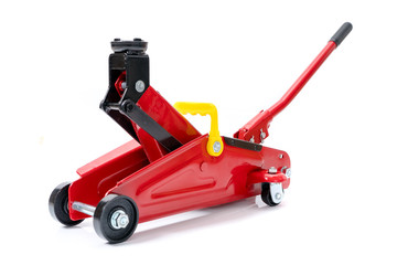 Red hydraulic floor jack isolated on white background - 200681616