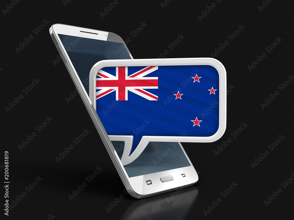 Poster touchscreen smartphone and speech bubble with new zealand flag. image with clipping path