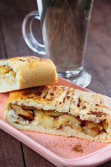 sliced pie with filling lies on the plate