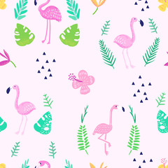 Tropical Seamless Pattern with Cute Flamingo and Exotic Flowers. Childish Summer Background for Wallpaper, Fabric, Wrapping Paper, Decoration. Vector illustration