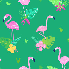 Fototapeta premium Tropical Seamless Pattern with Cute Flamingo and Exotic Flowers. Childish Summer Background for Wallpaper, Fabric, Wrapping Paper, Decoration. Vector illustration