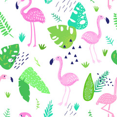 Tropical Seamless Pattern with Cute Flamingo and Palm Leaves. Childish Summer Background for Wallpaper, Fabric, Wrapping Paper, Decoration. Vector illustration