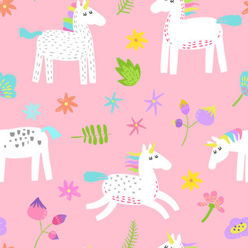 Fototapeta Seamless Pattern with Magic Unicorns and Tropical Flowers