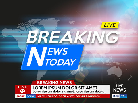 Background screen saver on breaking news. Breaking news live on dark  background with sunrise and world map. Vector illustration.