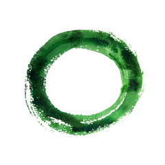 Green Watercolor Ring, Frame or Border For Business Design. Watercolour Raster Illustration Isolated on White Background. Paint Splash Textured Circle, Creative Shape For Decoration.