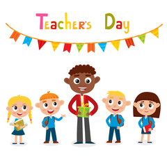 Vector illustration of man teacher and pupils isolated on white.