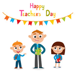 Vector illustration of man teacher and pupils isolated on white.