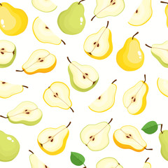 Vector seamless pattern with cartoon pears isolated on white