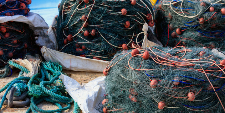 Stacks of fishing nets at Marsaxlokk port, Malta