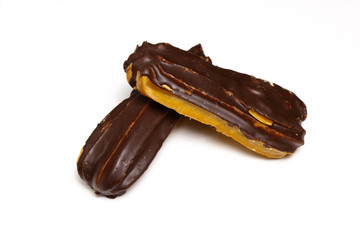 Dessert Chocolate Eclairs isolated on white background, brewing cake 