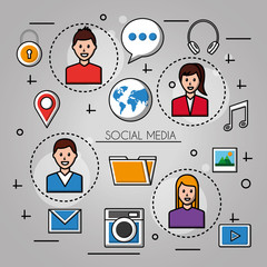 people social media bagde  with boys and girls location photos folder music headphones vector illustration