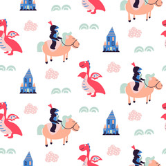 Knights and dragons seamless vector pattern.