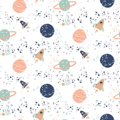 Wallpaper murals Cosmos Seamless vector pattern with planets and spaceships.