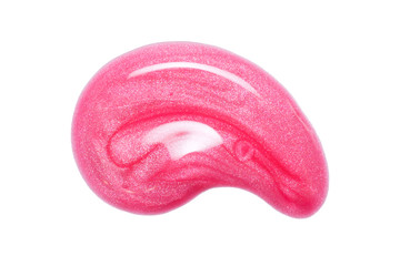 Pink lip gloss sample isolated on white. Smudged pink lipgloss