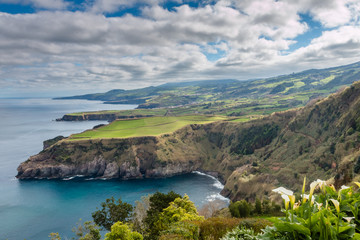 Fototapeta na wymiar Aerial view. Rocky coastal scenery at Sao Miguel Island, Azores, Portugal