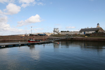 Fototapeta na wymiar Cromarty Harbour overlooking oil rigs in the Firth. Black Isle, Scotland