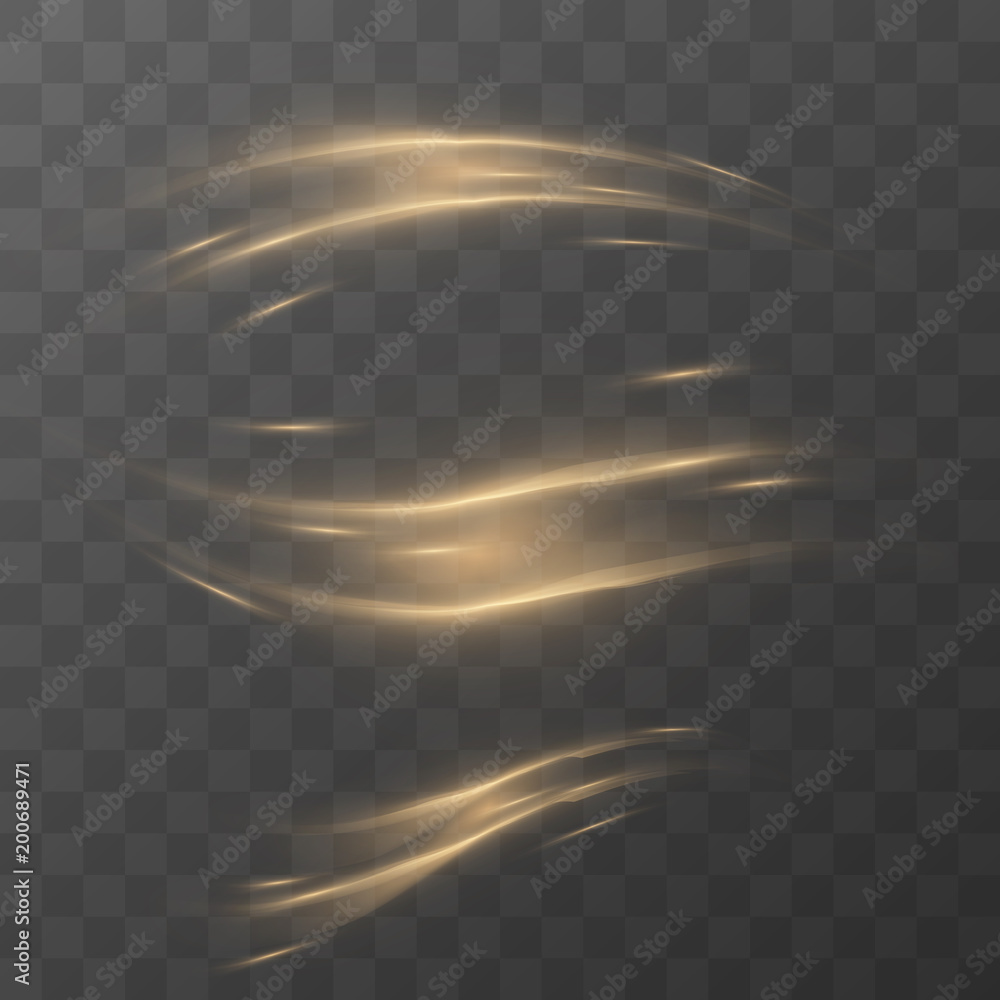 Wall mural set light effect in wavy shape with trail and sparkle isolated on transparent background.
