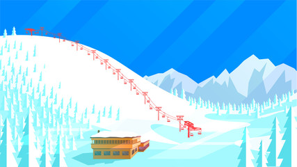 Ski resort, ski lift and hotel for skiers, snowboarding