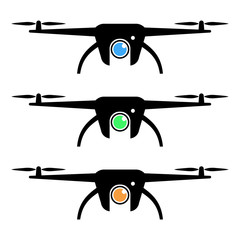 Simple, flat camera drone icon/illustration. Three color variations. Isolated on white