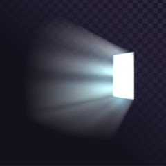 Isolated door from a dark room, a bright light, a window, a square light source