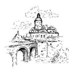 Medieval castle sketch. Hand drawn vector illustration.