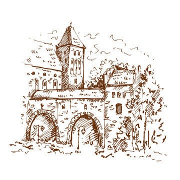 Medieval castle sketch. Hand drawn vector illustration.