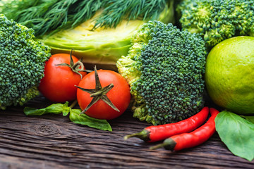 Fresh vegetables, dill and lime close