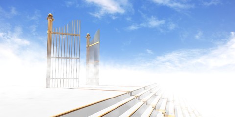 Gates of heaven in fog above stairs with blue sky background - 3d rendering
