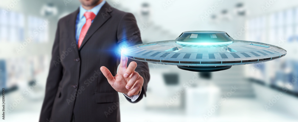Poster businessman with retro ufo spaceship 3d rendering