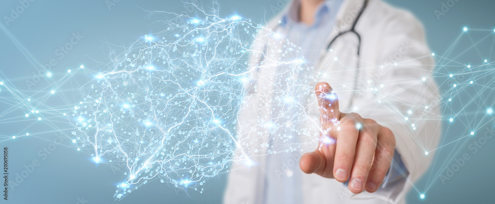 Poster doctor holding digital brain interface 3d rendering