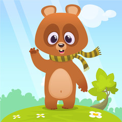 Obraz na płótnie Canvas Cartoon vector illustration of a bear waving hand. Big cartoon animals collection. Design for children book illustration