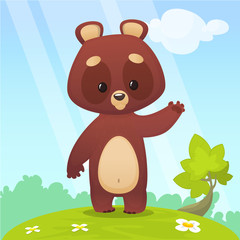 Obraz na płótnie Canvas Cool cartoon vector illustration of a bear waving hand. Isolated on colorful forest woodland background