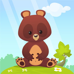 Cartoon small baby bear sitting in the green summer meadow Vector illustration