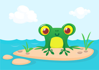 The frog sits on a large rock. Cute vector illustration of a cartoon style.