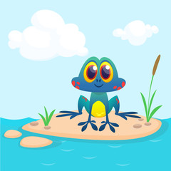 Frog Cartoon Character sitting on the ground in the middle of river or pond or lake background. Colorful vector illustration. Design for children book illustration