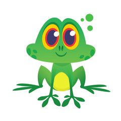 Cartoon green froggy frog mascot character in cartoon style. Vector illustration isolated on white. Design for print or children book illustration
