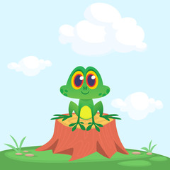 Obraz premium Funny Frog Cartoon Character sitting on tree stump on the meadow background. Colorful vector illustration