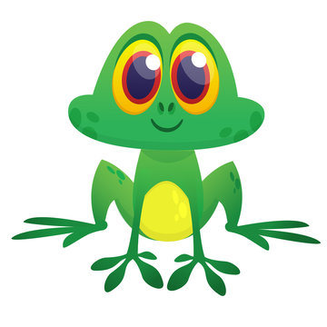  Funny green frog  character in cartoon style. Vector illustration. Design for print, children book illustration or party decoration