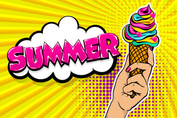 Comic book text Summer hold on. Pop art style halftone background cold sweet cartoon poster. Retro vintage vector illustration. Woman hand hold Ice Cream colorful banner food. Speech bubble.