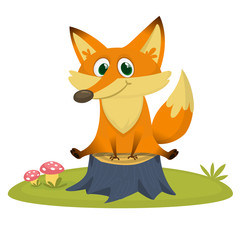 Fox in the grass - a children's cartoon illustration - stylized vector image. For print, create videos or web graphic design, user interface, card, poster.