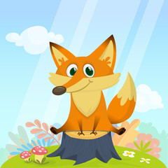 Funny cartoon fox. Vector illustration of red fox sitting on a tree stump in meadow forest background with a green grass