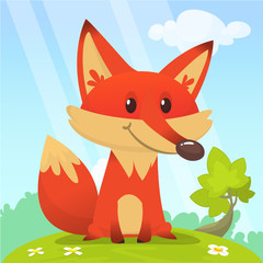Fox in the grass - a children's cartoon illustration - stylized vector image. For print, create videos or web graphic design, user interface, card, poster.