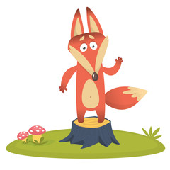 Cute fox plays on stump in the meadow. Vector illustration with an animal in a cartoon childlike style.