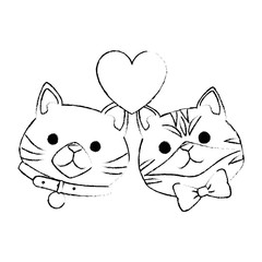 cute cats mascots head with hearts characters vector illustration design