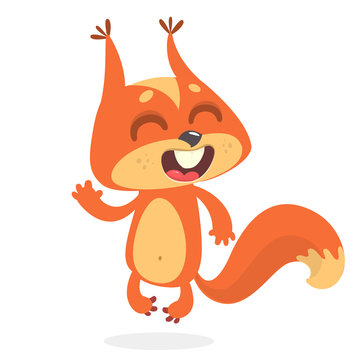 Cute cartoon squirrel presenting and waving hand. Vector illustration.
