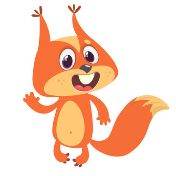 Cute cartoon squirrel presenting and waving hand. Vector illustration.