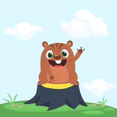 Obraz na płótnie Canvas Cartoon Happy Groundhog day card with cute brown groundhog or marmot or woodchuck standing on a stump in a meadow green grass background