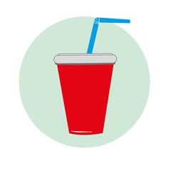 a glass of soda, red with blue tube